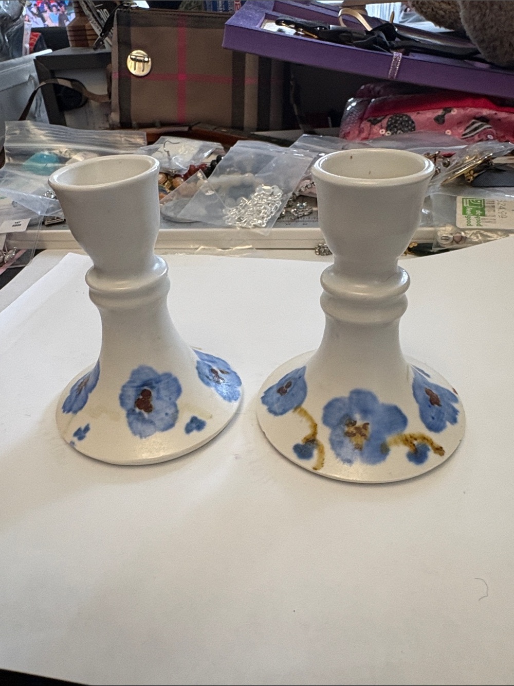 Vintage Ceramic Blue Floral Candlestick Holders - Estate Rickie Woods Potter